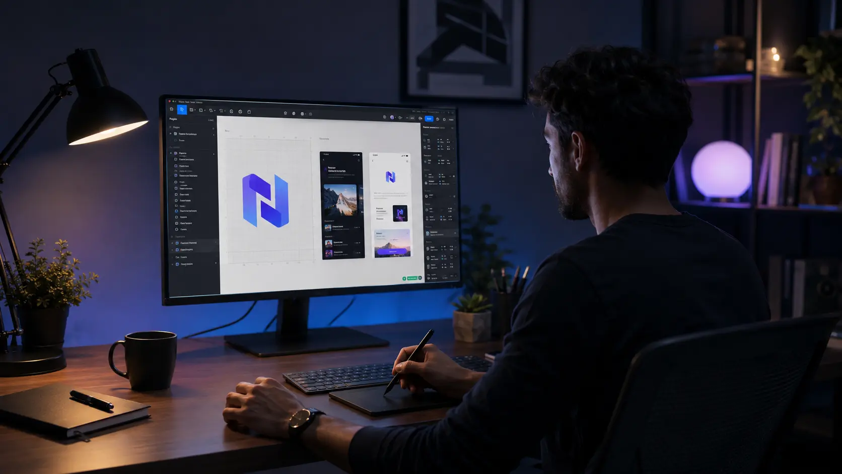 Prototypes et wireframes affichés sur des écrans sombres